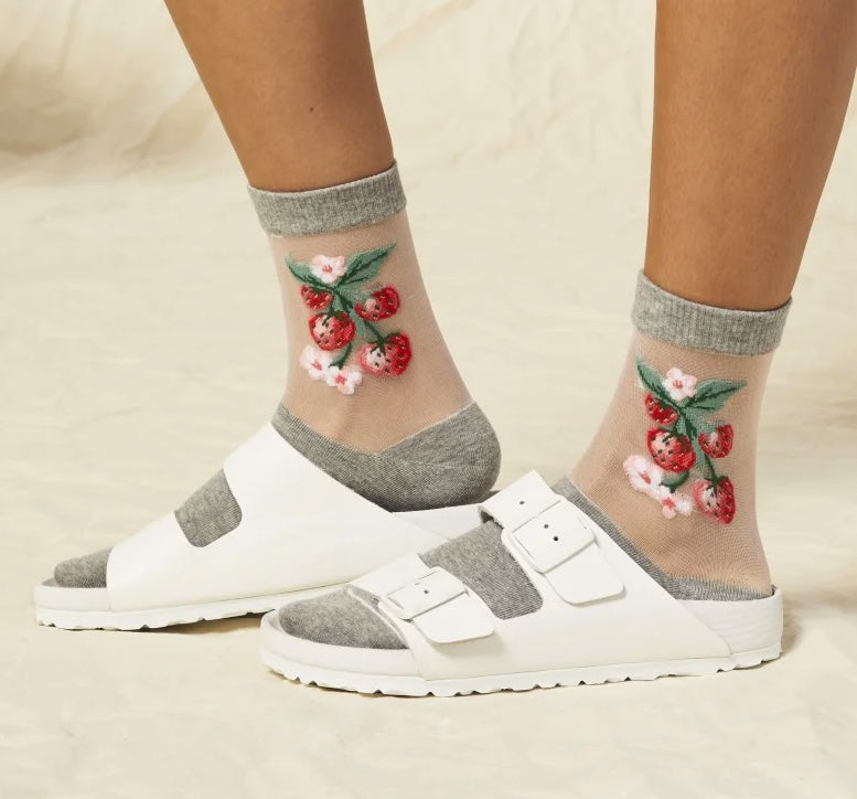 Sheer Strawberry Vine (Grey) Women's Crew Socks
